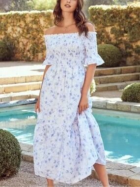 Vici Off-Shoulder Light Blue Floral Maxi Dress